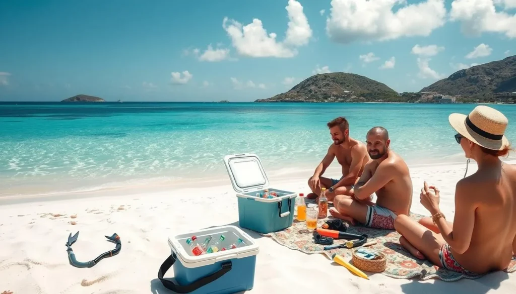 Visitors enjoying a beach picnic on Norman Island with snorkeling gear nearby