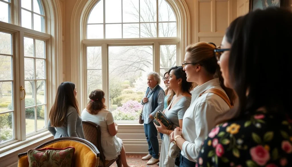 Visitors enjoying a guided tour inside Bidwell Mansion State Historic Park during spring with blooming gardens visible through windows