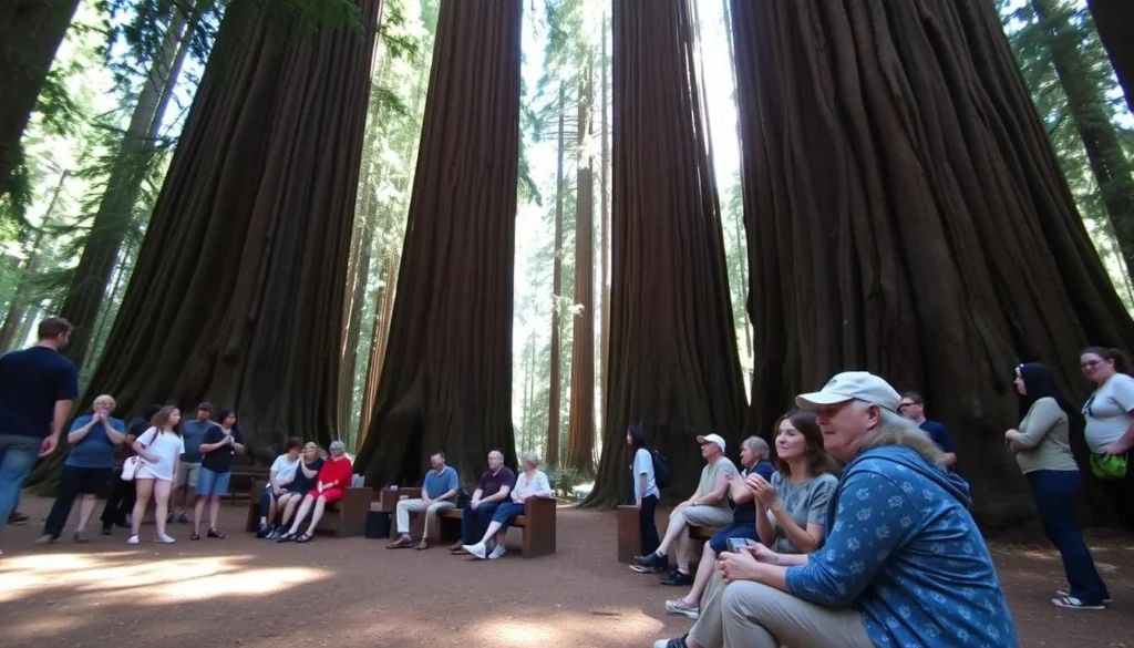 Visitors enjoying a peaceful moment among the ancient redwoods in Armstrong Redwoods State Natural Reserve
