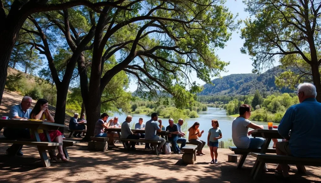 Visitors enjoying a picnic at Benbow State Recreation Area Visitors enjoying a picnic at Benbow State Recreation Area