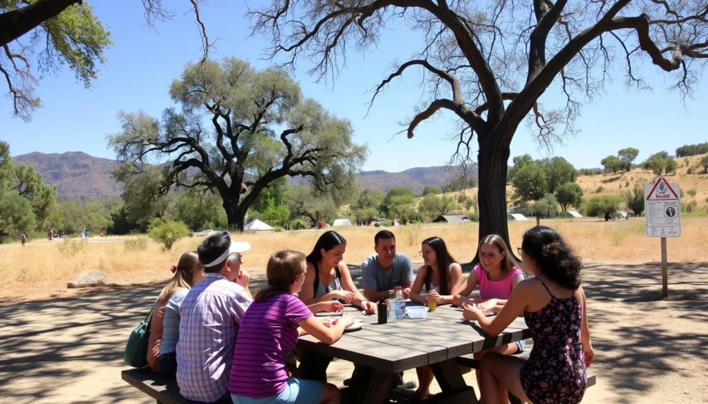 Visitors enjoying a picnic at one of Malibu Creek State Park's designated picnic areas under oak trees