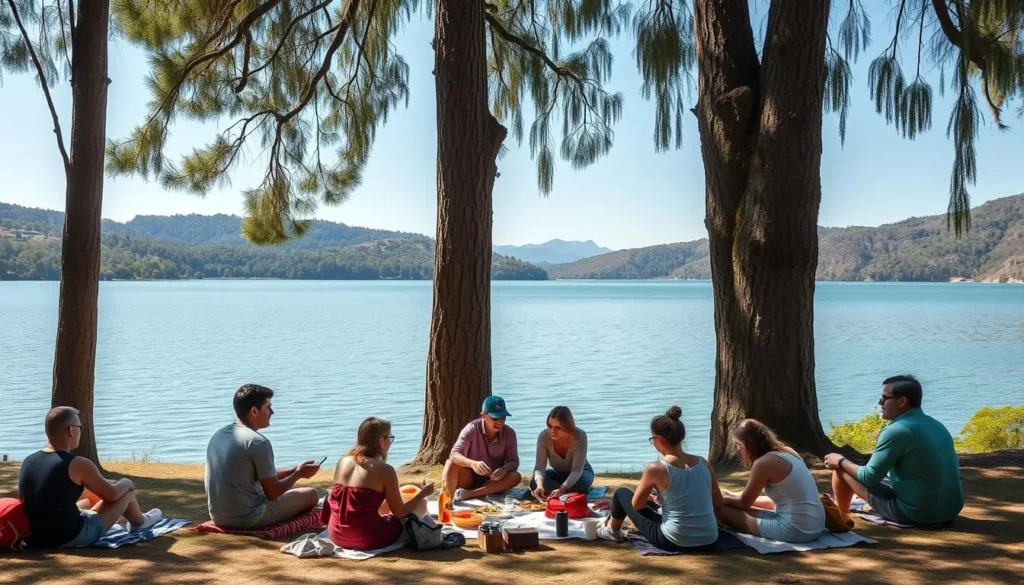 Visitors enjoying a picnic by the lake at Lago de Camecuaro National Park