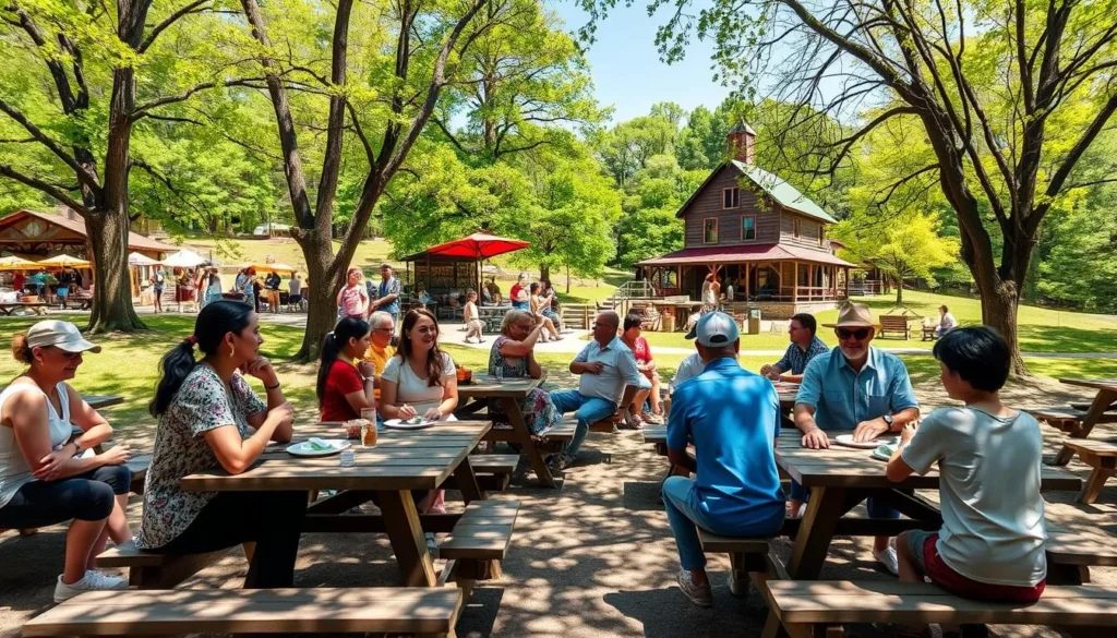 Visitors enjoying a picnic in the designated area at Bale Grist Mill State Historic Park