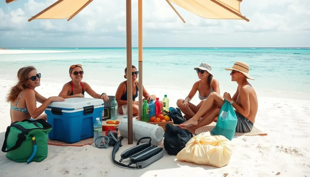 Visitors enjoying a picnic under shade on Cayo Icacos beach with proper beach setup Visitors enjoying a picnic under shade on Cayo Icacos beach with proper beach setup