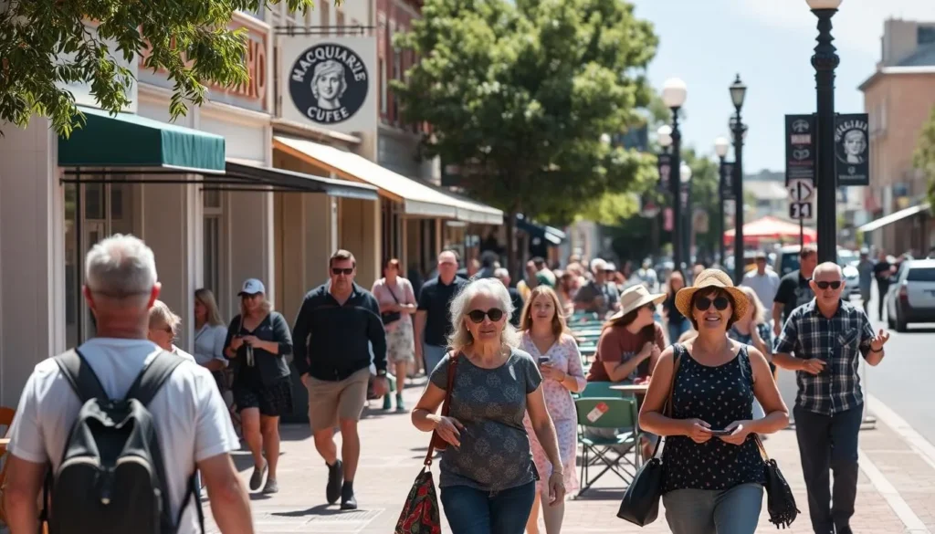 Visitors enjoying a safe and pleasant experience in downtown Dubbo with local shops and cafes