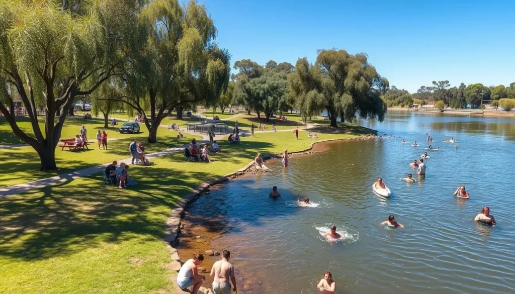 Visitors enjoying a sunny day at Noreuil Park by the Murray River, one of the best things to do in Albury New South Wales