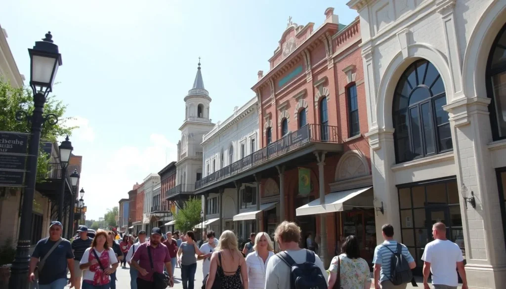 Visitors enjoying a walking tour of downtown Weslaco with historic buildings in background Visitors enjoying a walking tour of downtown Weslaco with historic buildings in background