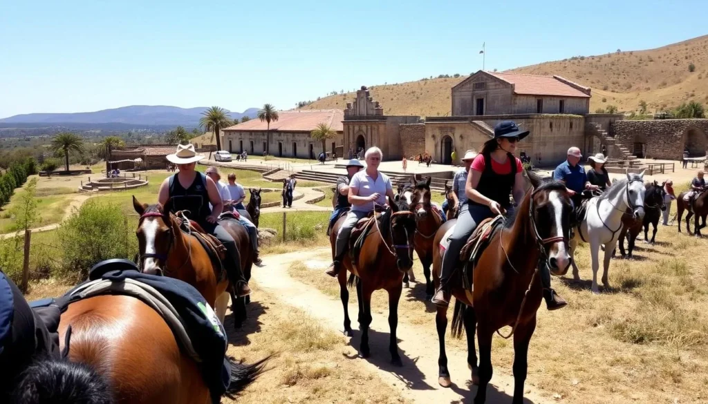 Visitors enjoying horseback riding at Molino de Flores Nezahualcoyotl National Park with historic buildings in background