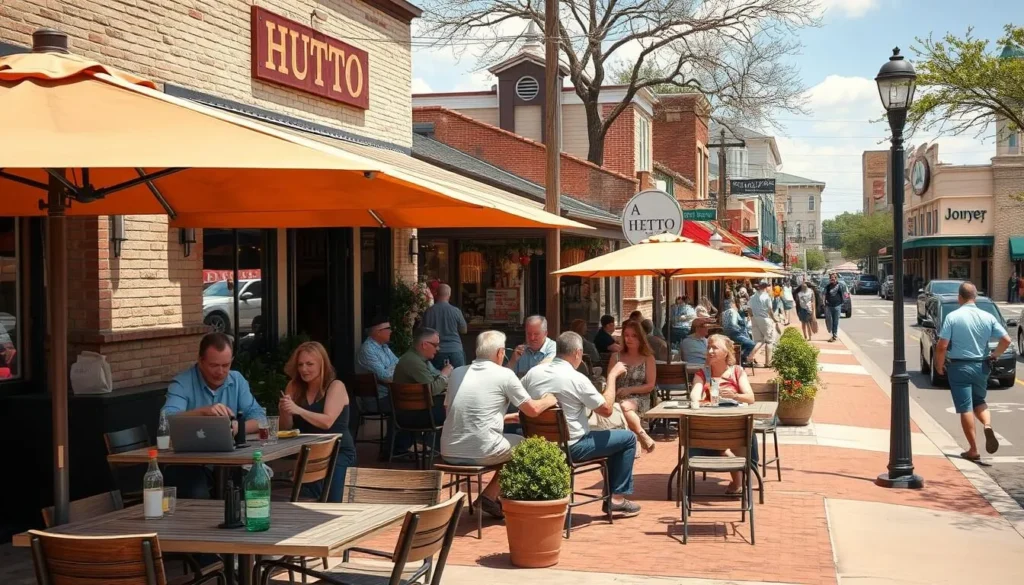Visitors enjoying outdoor dining at a restaurant in downtown Hutto
