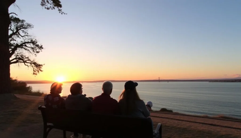 Visitors enjoying sunset views from a bench at Benicia State Recreation Area overlooking the Carquinez Strait Visitors enjoying sunset views from a bench at Benicia State Recreation Area overlooking the Carquinez Strait