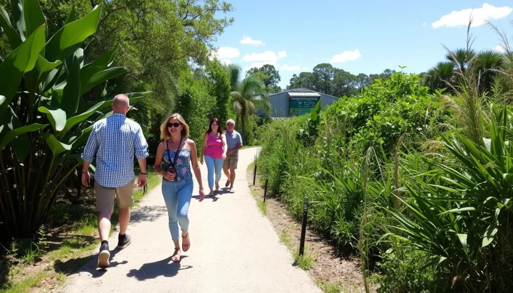 Visitors enjoying the Pharr Nature Trail with lush vegetation and wildlife Visitors enjoying the Pharr Nature Trail with lush vegetation and wildlife