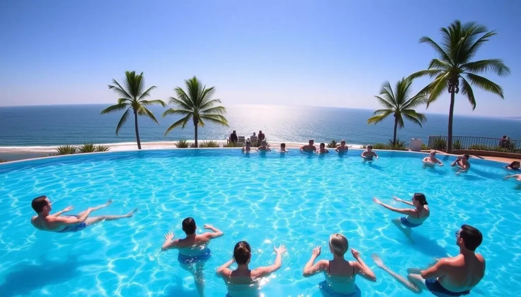Visitors enjoying the Yeppoon Lagoon infinity pool with ocean views Visitors enjoying the Yeppoon Lagoon infinity pool with ocean views