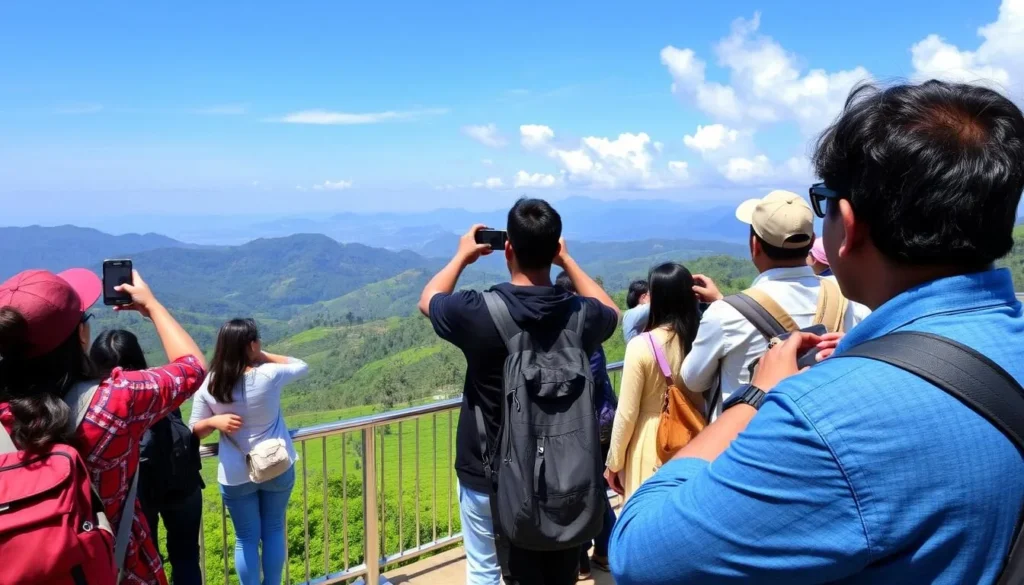 Visitors enjoying the view from a Pidurutalagala viewpoint with mountains and tea plantations visible below