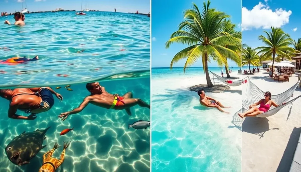 Visitors enjoying various activities on Isla Ixtapa including snorkeling, dining, and relaxing in hammocks