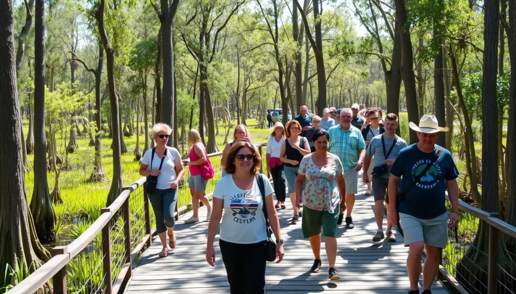 Visitors exploring Big Cypress National Preserve Florida on a boardwalk trail through cypress trees
