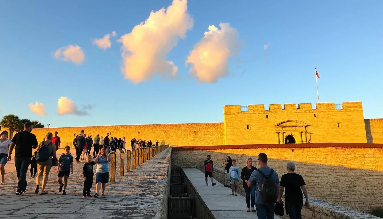 Visitors-exploring-Castillo-de-San-Marcos-during-golden-hour-with-perfect-weather Visitors exploring Castillo de San Marcos during golden hour with perfect weather
