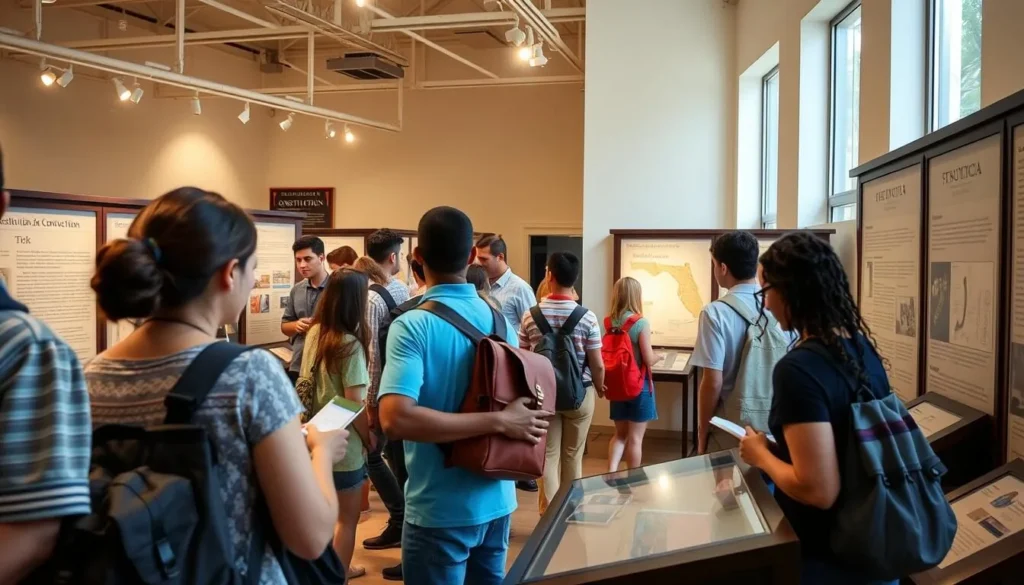 Visitors exploring Constitution Convention Museum exhibits on a sunny day