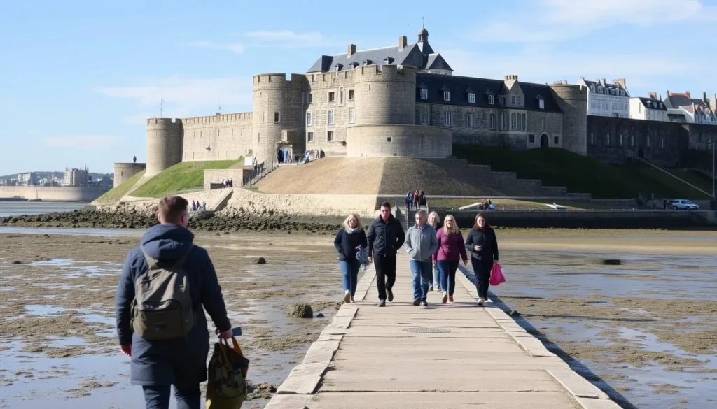 Visitors exploring Fort National during low tide with clear weather Visitors exploring Fort National during low tide with clear weather