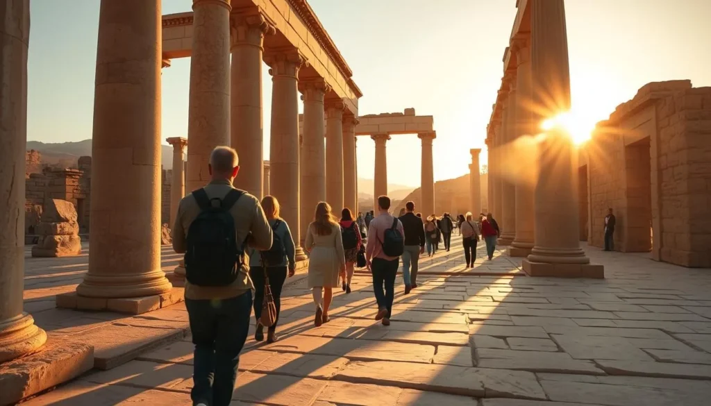 Visitors exploring Jerash ruins during golden hour with perfect lighting and comfortable weather