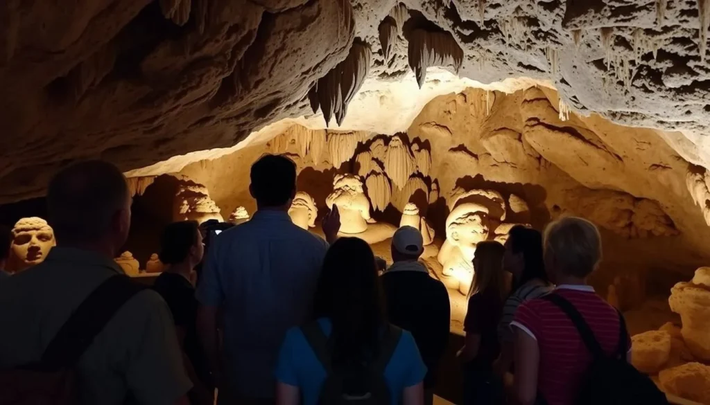 Visitors exploring Longhorn Cavern State Park, Texas with a tour guide explaining the cave formations