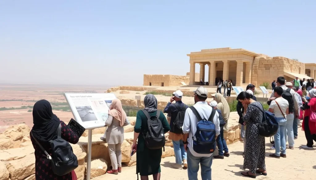 Visitors exploring Mount Nebo site with appropriate attire for the climate