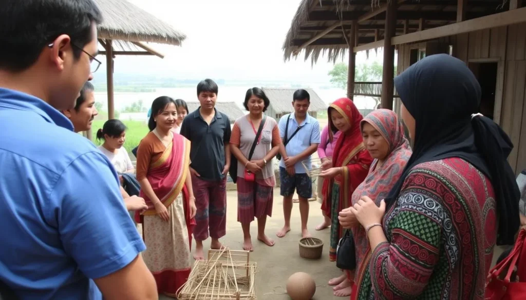 Visitors exploring a resettlement village near Nam Theun 2 Reservoir, interacting with local residents and observing traditional crafts