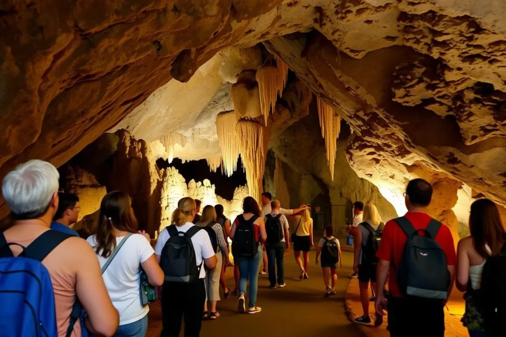 Visitors exploring the Ruby Falls cave trail with guide