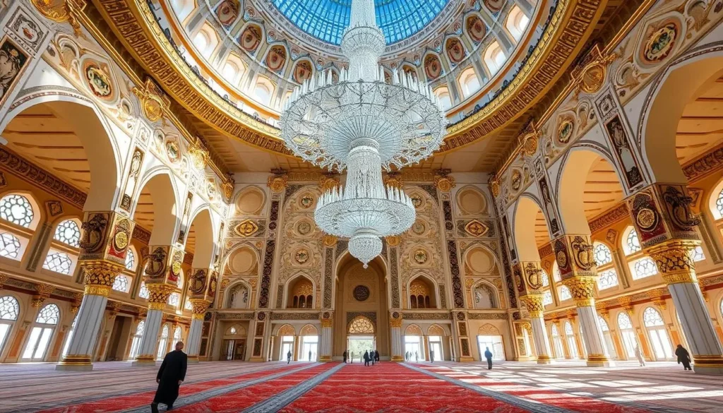 Visitors exploring the impressive interior of Sultan Qaboos Grand Mosque with its massive chandelier and ornate decorations
