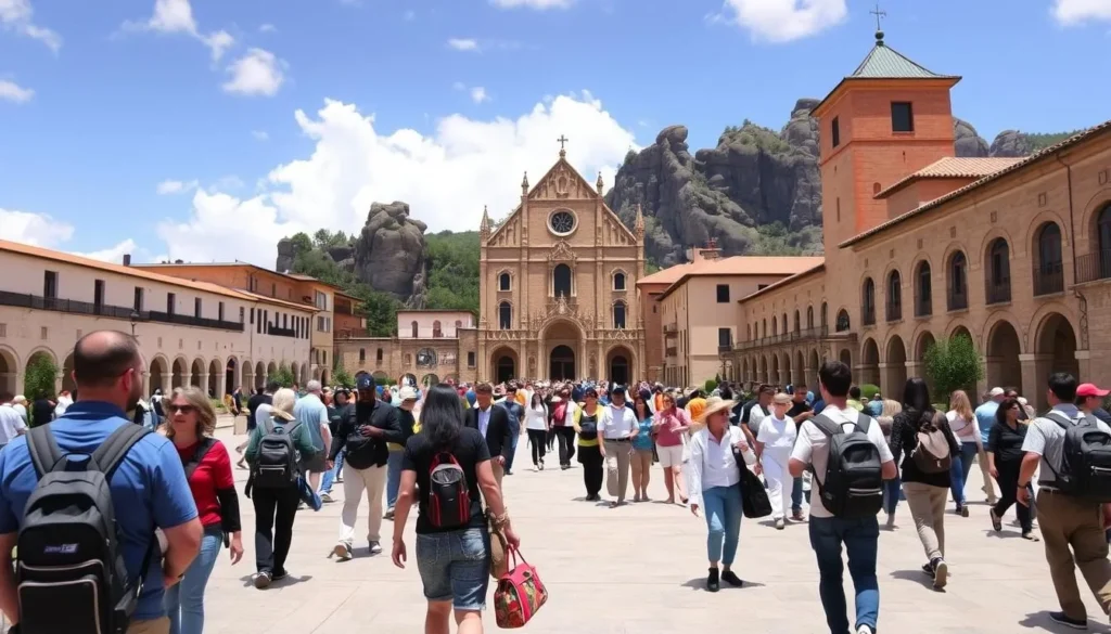 Visitors exploring the monastery complex at Montserrat with the basilica and surrounding buildings