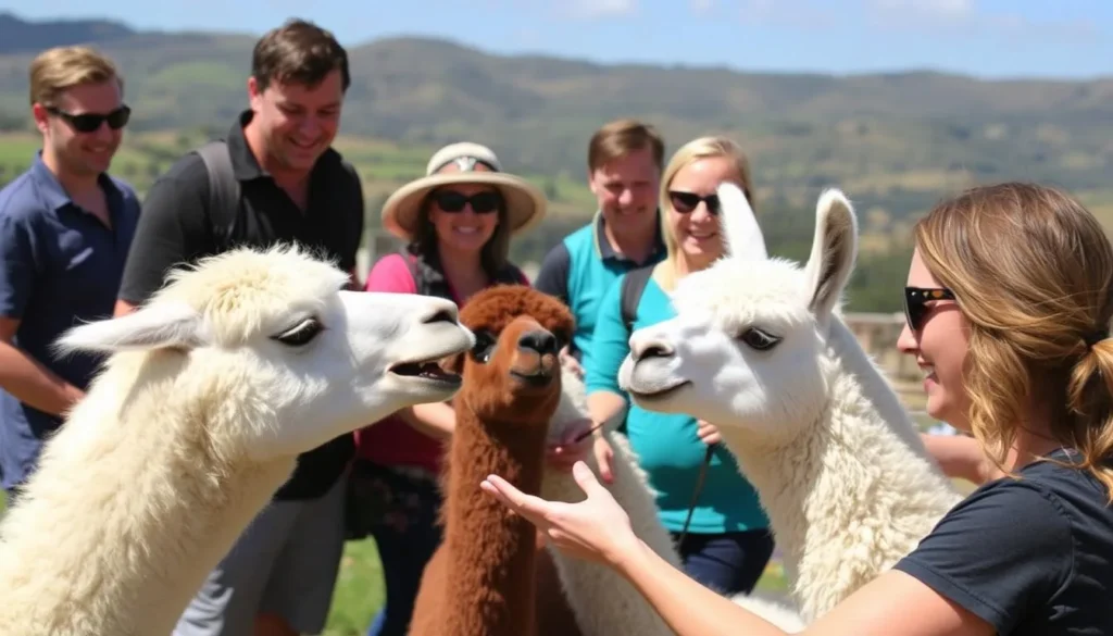 Visitors feeding alpacas at Mountview Alpaca Farm in Canungra Queensland Visitors feeding alpacas at Mountview Alpaca Farm in Canungra Queensland