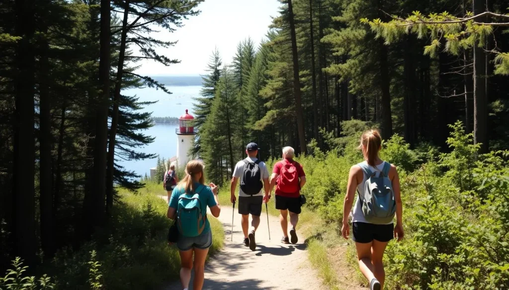Visitors hiking on trail towards Flowerpot Island lighthouse
