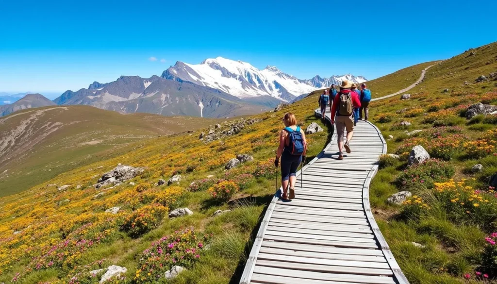 Visitors hiking to the summit of Mount Kosciuszko in the Snowy Mountains