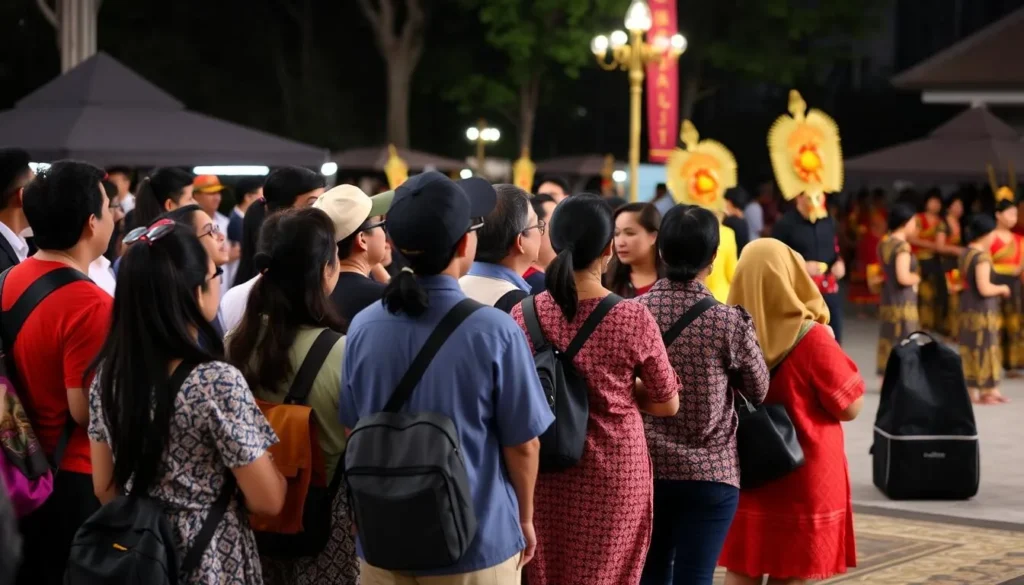 Visitors in appropriate attire enjoying a cultural festival in Jakarta with traditional performances