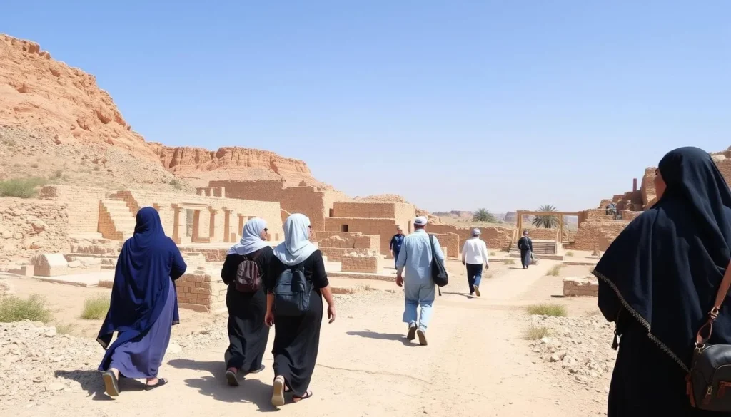 Visitors in modest attire exploring Al-Maghtas archaeological site with a guide