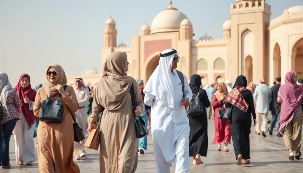 Visitors in modest attire exploring Dammam's attractions with respect for local customs Visitors in modest attire exploring Dammam's attractions with respect for local customs