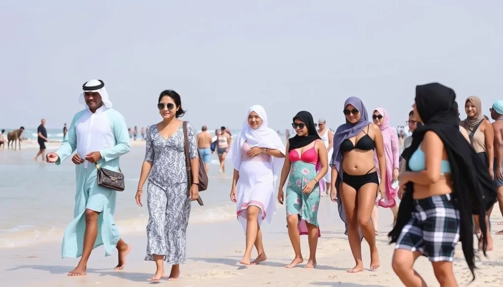 Visitors in modest beachwear at Katara Beach, Qatar Visitors in modest beachwear at Katara Beach, Qatar