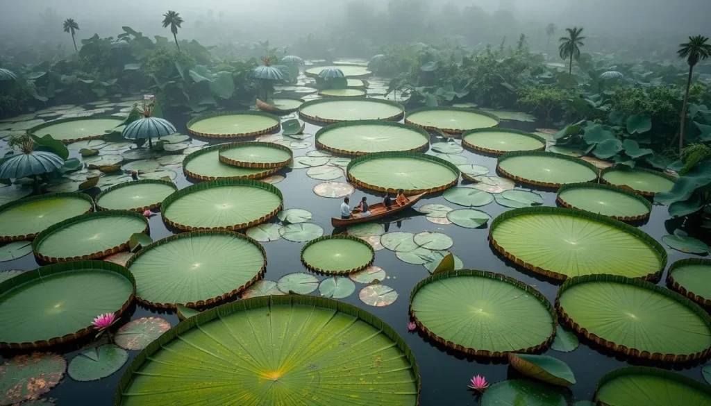 Visitors observing the giant Victoria Regia water lilies in the Amazon near Leticia, Colombia Visitors observing the giant Victoria Regia water lilies in the Amazon near Leticia, Colombia