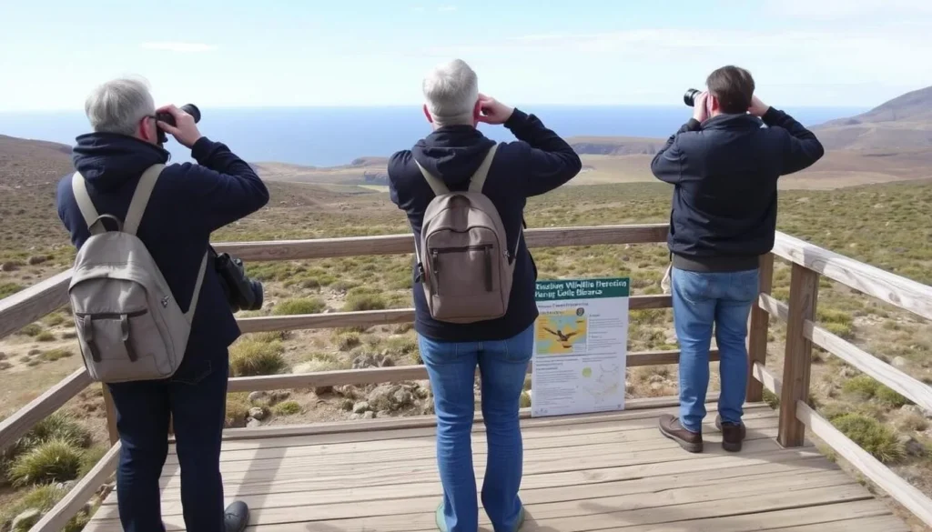 Visitors observing wildlife from designated viewing platform in Peninsula Valdes Argentina