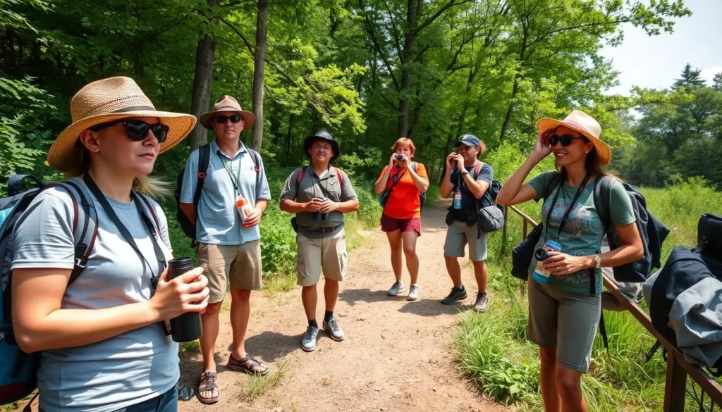 Visitors prepared with proper gear exploring Letchworth-Love Mounds Archaeological State Park Visitors prepared with proper gear exploring Letchworth-Love Mounds Archaeological State Park