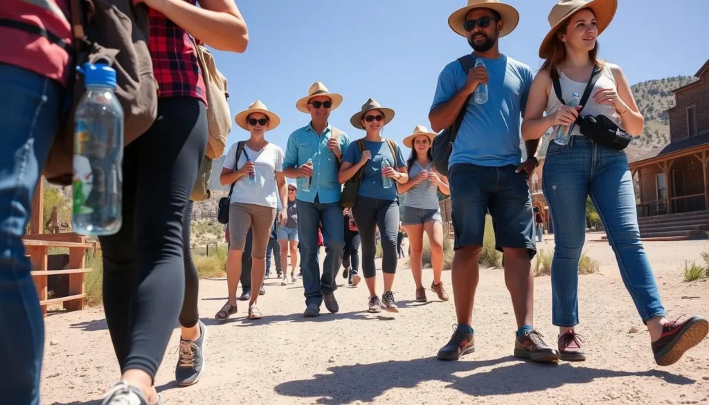 Visitors prepared with water bottles, hats, and comfortable shoes exploring Bodie State Historic Park