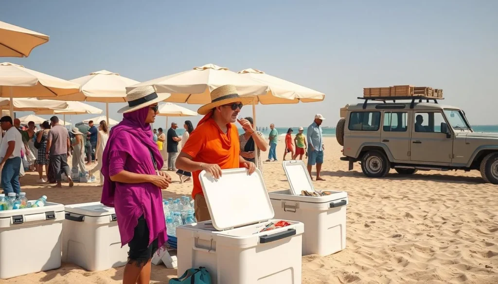 Visitors preparing for a day at Fuwairit Beach with proper gear and supplies