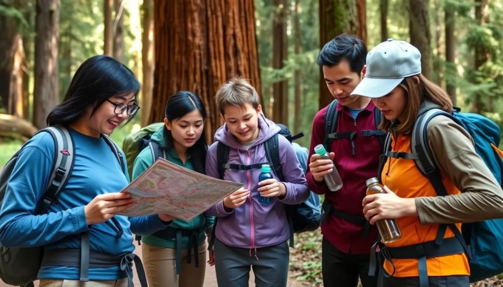 Visitors preparing for a hike at Big Basin Redwoods State Park