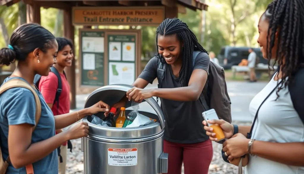 Visitors properly disposing of trash in a designated receptacle at Charlotte Harbor Preserve State Park Visitors properly disposing of trash in a designated receptacle at Charlotte Harbor Preserve State Park