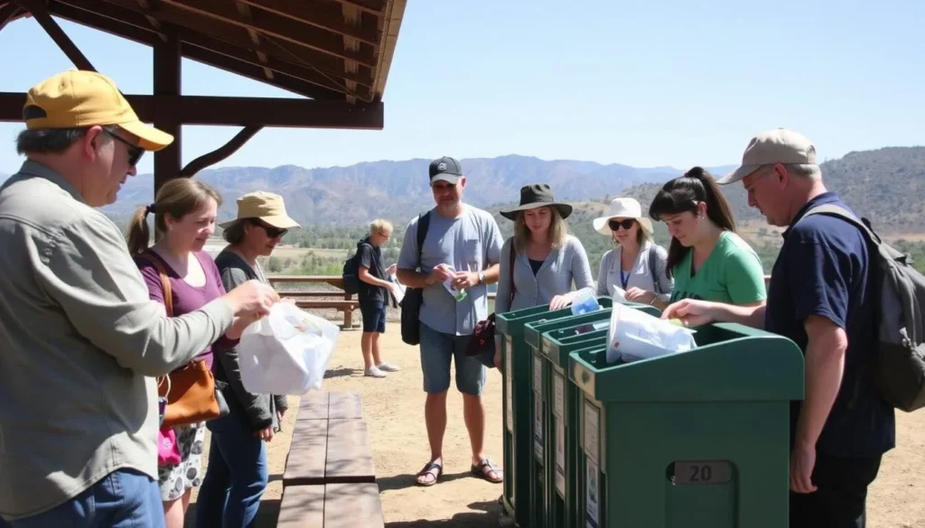 Visitors properly disposing of trash in designated receptacles at Malibu Creek State Park