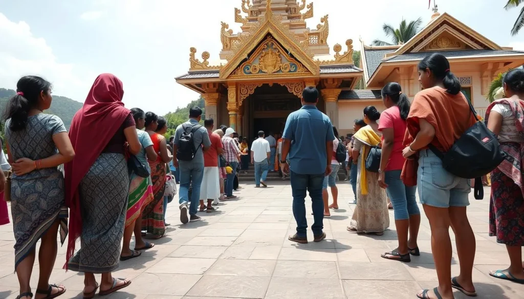 Visitors removing shoes before entering Nagadeepa temple, following local customs