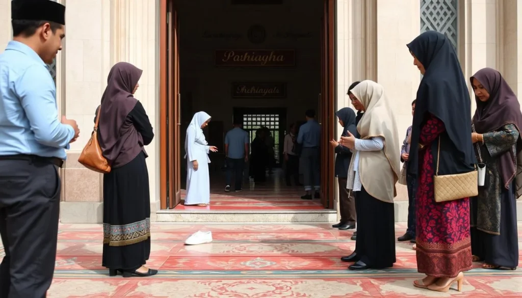 Visitors removing shoes before entering a mosque in Surabaya