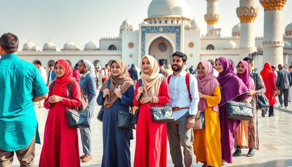 Visitors respectfully dressed at a cultural site in Doha, Qatar