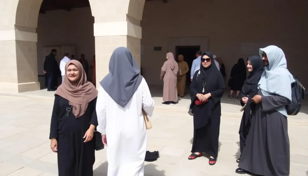 Visitors respectfully dressed at a cultural site in Madinat Ash Shamal
