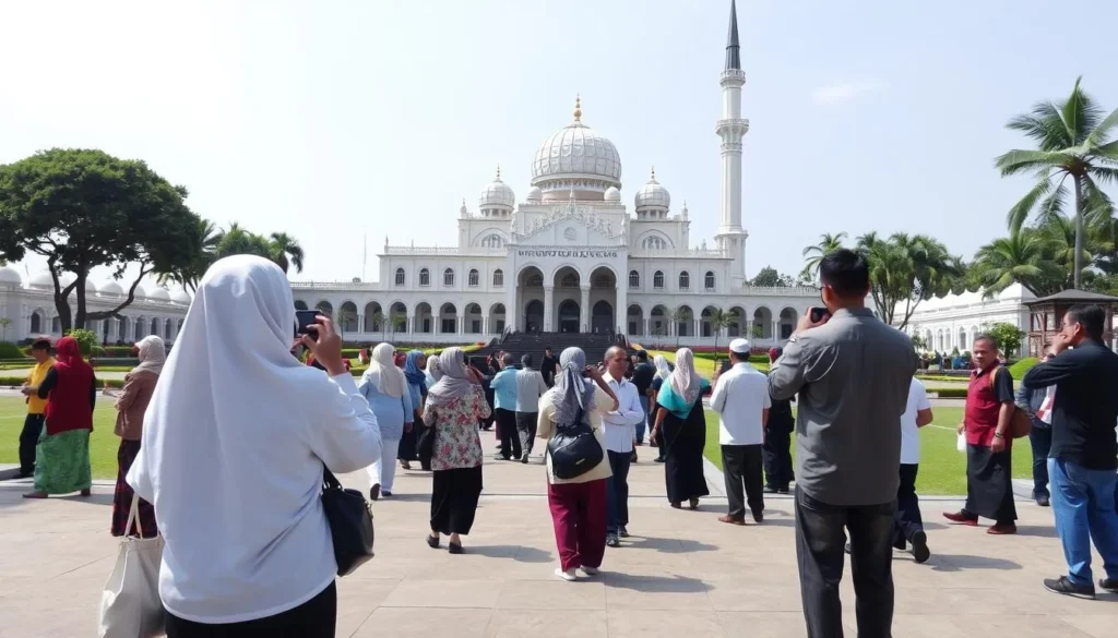 Visitors respectfully dressed exploring Masjid Raya Sabilal Muhtadin in Banjarmasin