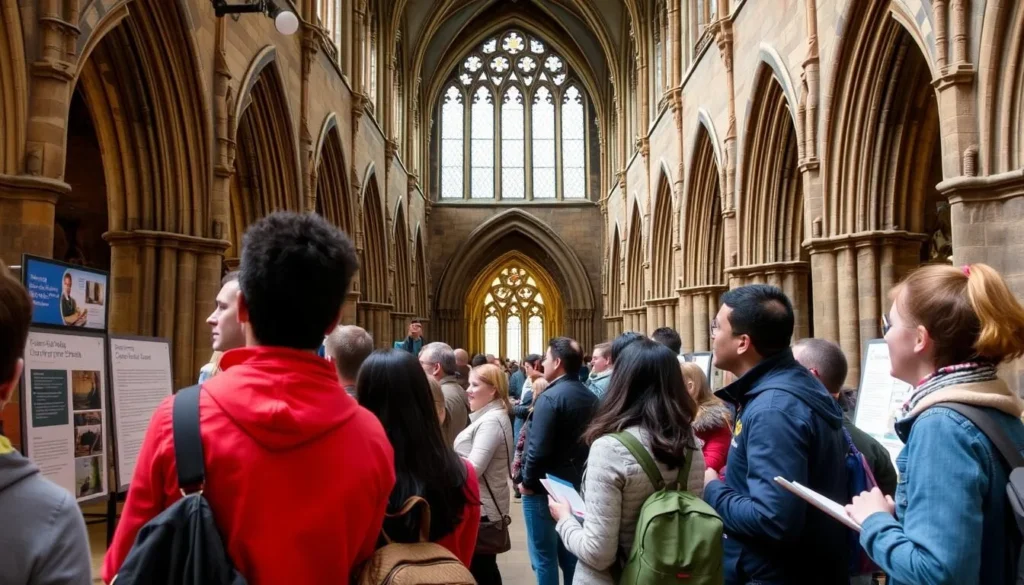 Visitors respectfully exploring Durham Cathedral interior, demonstrating proper etiquette at cultural sites in Durham, England: Best Things to Do